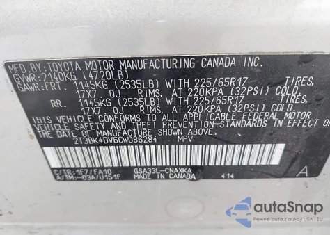 2012 Toyota Rav4 Base V6 z USA, uszkodzony, nr VIN 2T3BK4DV6CW086284